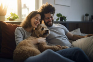 Casal feliz abraçado com cachorro.