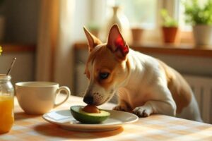 Alimentos Nocivos para Cães e Gatos: Cachorro cheirando abacate em um prato em cima da mesa.