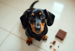 Alimentos Nocivos para Cães e Gatos: Cachorro ao lado de pedaços de chocolate no chão.