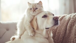 Gato deitado em cima do seu amigo cachorro.