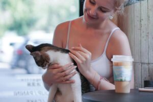 Mulher com gato no colo em uma cafeteria pet friendly.
