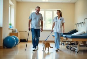 Homem na reabilitação física caminhando junto a um gato de terapia.