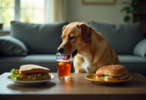 Cachorro bebendo refrigerante de um copo que está em cima da mesa.