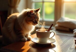 Gato em cima da mesa, ao lado de uma xícara de chocolate quente.