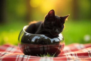 Gato deitado dentro do vaso de vidro. 