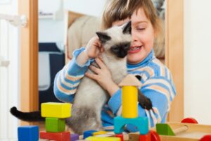 Menina com gato Siamês.