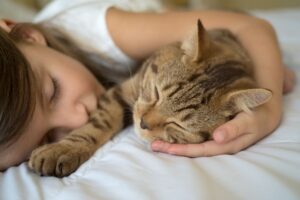 Pets na Infância: Menina e gato dormindo juntos.