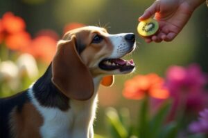 Pessoa oferecendo kiwi ao cão.