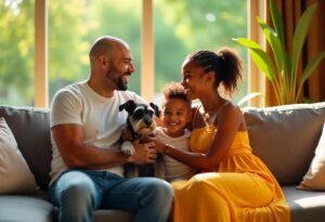 Casal e filho sentados no sofá com seu cachorro Schnauzer.