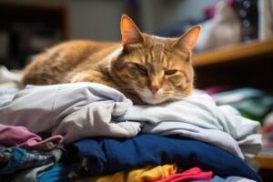 Gato dormindo em uma pilha de roupas dobradas.