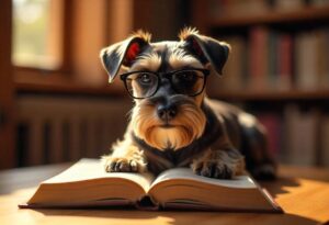 Cachorro Schnauzer de óculos deitado em um livro.