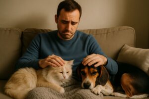 Homem triste com seu cão e gato no sofá.