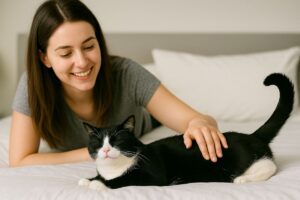 Mulher acariciando as costas do gato.