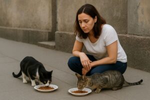 Dia do Protetor de Animais: Mulher alimentando gatos de rua.