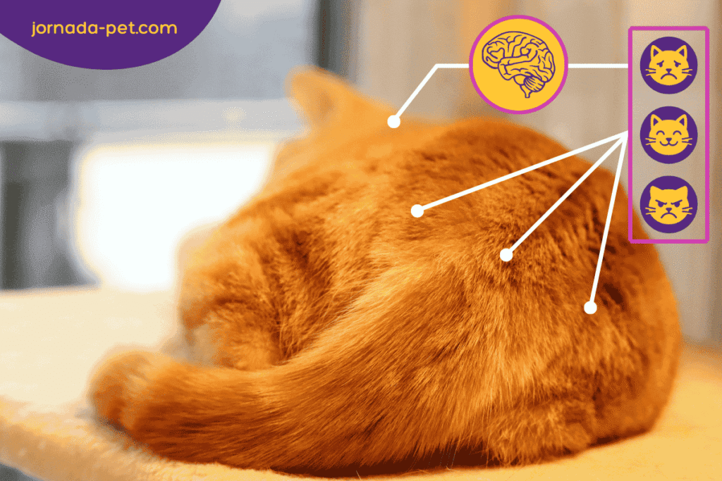 Esquema mostrando a conexão entre a área sacral, o sistema nervoso e as emoções dos gatos.